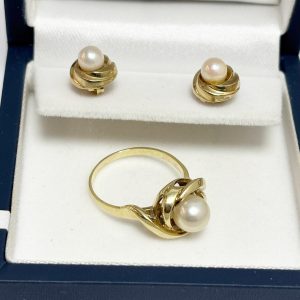 Inel si cercei din aur galben 14K cu perla de cultura