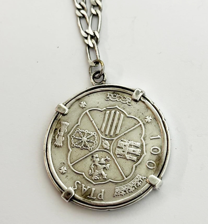 lant din argint cu medalion moneda vintage spaniola din argint